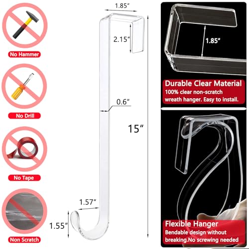 Clear Over the Door Wreath Hangers - 15 Inch Non-Scratch Hooks (2 Pack)