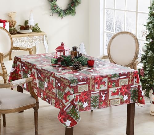 84x60 Inch Red Sleigh Bells Christmas Tablecloth - Festive Vinyl Holiday Cover