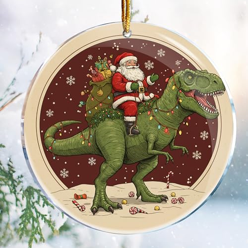 Santa Ride Dinosaur 4 Acrylic Christmas Ornament – Funny Gag Gift 3.6 in