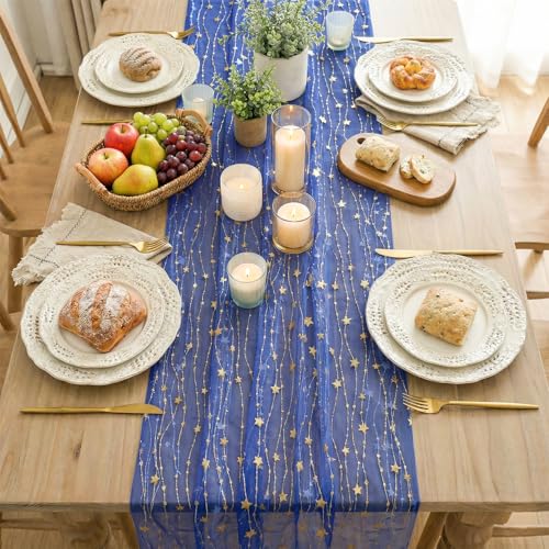 Artoid Mode 28x120 Inch 6pc Dark Blue Glitter Gauze Table Runner for Wedding & Party Decor