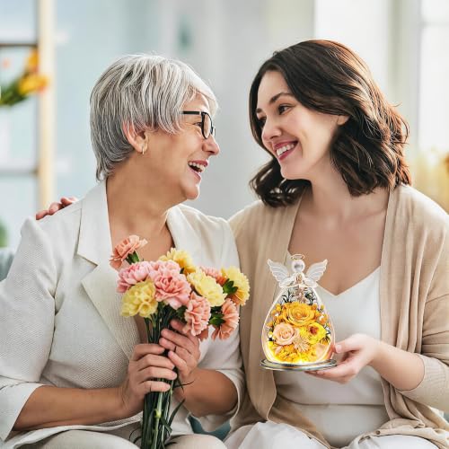 SerPro Preserved Rose Angel Figurine with Warm LED Lights in Glass Dome (Yellow) — Gifts for Women