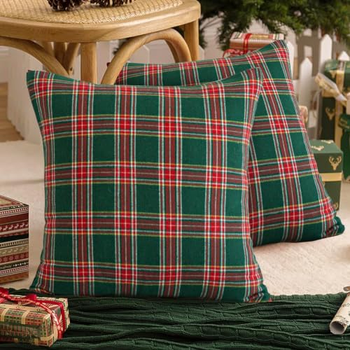 Softalker Christmas Plaid Throw Pillow Covers Set of 4, 18x18 Inch, Green