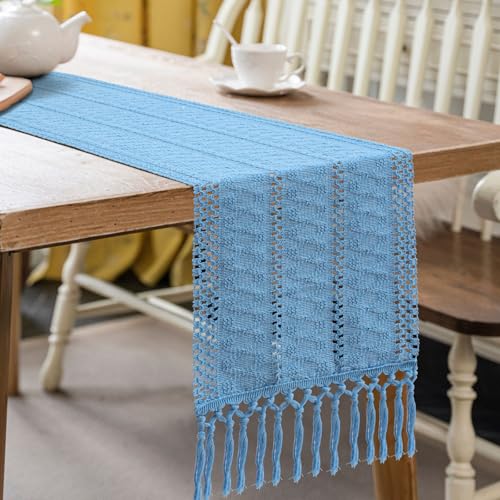 OTOSTAR Boho Table Runner Blue 12x36 Inches Woven Rustic Farmhouse Decor
