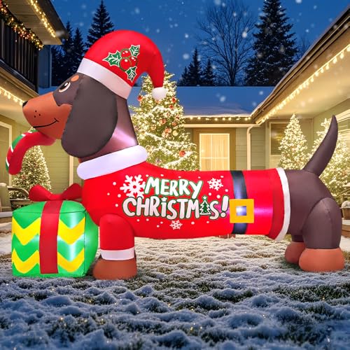 KOOY 5FT Christmas Inflatable Dachshund with Gift Box Outdoor Decor