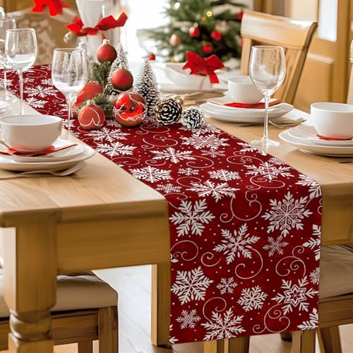 Onekaccu 13x36 Inch Red Snowflakes Table Runner for Holiday Dining Decor
