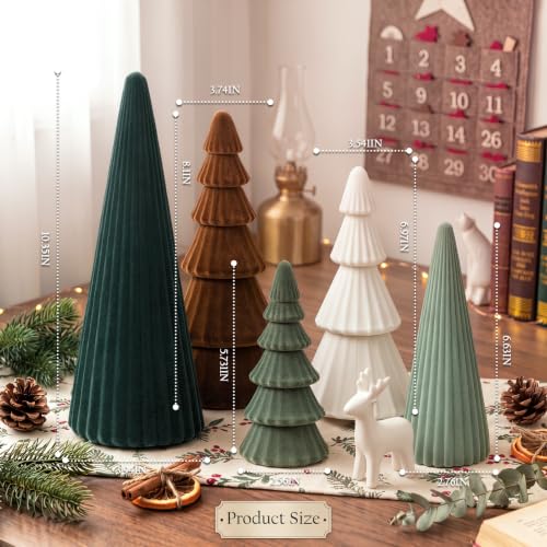Leinuosen Velvet Ceramic Christmas Trees (Set of 5) - Green Assorted Sizes