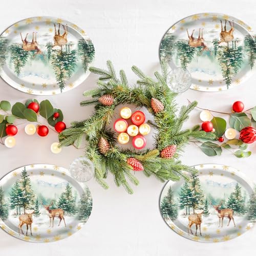 Christmas Reindeer Oval Paper Plates 11in - 50ct Watercolor Trees & Snowflakes