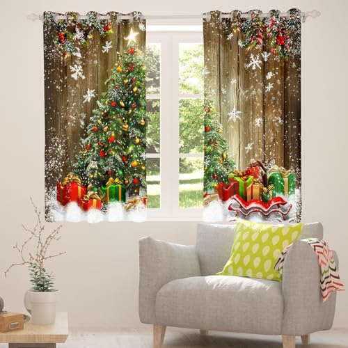 Erosebridal Christmas Tree Blackout Curtains 2 Panels 42x63 inches, Snowflake Design, Red Green Brown White, Xmas Lights Decor