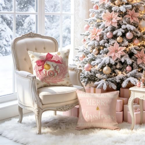 MODOVOS 18x18 Inch Pink Christmas Tree Wreath Pillow Covers Set of 4