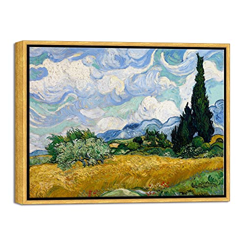 Wieco Art Framed Wall Art of Wheat Field with Cypresses by Vincent Van Gogh Paintings Reproduction Abstract Canvas Prints for Home Living Room Decorations Bronze Gold Frame
