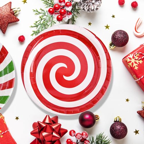 100 Pack Christmas Candy Paper Plates - 9 Inch Disposable Holiday Dinnerware, Red & Green