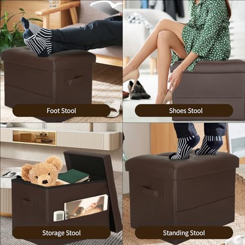 Foldable Faux Leather Storage Ottoman Foot Rest, Brown - 17x13x13in