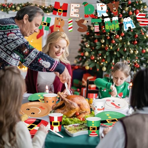 Vesici Christmas Tableware Set - 245 Pcs Disposable Plates Cups Napkins Banner