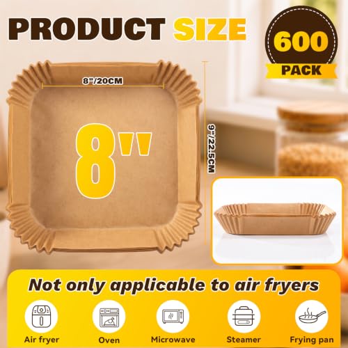 600Pcs 8-Inch Square Air Fryer Disposable Paper Liners, Non-Stick Parchment