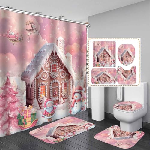 OLEBETY 4PCS Pink Christmas Shower Curtain Set with Rugs - Gingerbread House, Xmas Tree, Santa, Snowman, Kids Bathroom Decor, 72"x72"