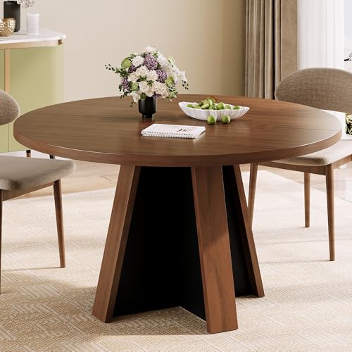 47-Inch Round Dining Table for 4-6, Modern Farmhouse Kitchen Table, Walnut