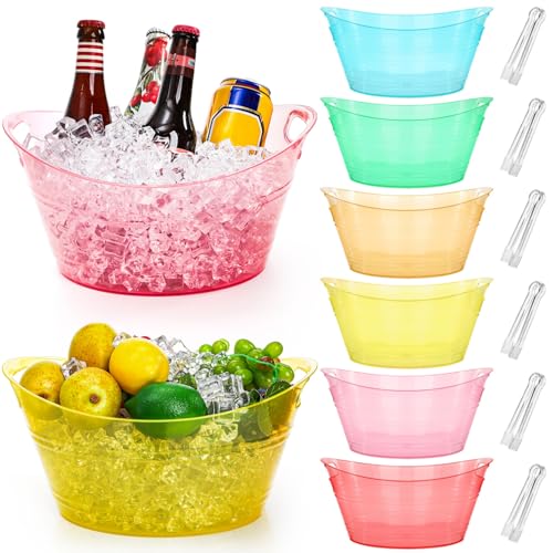 6 Pack Plastic Ice Buckets with Tongs - 4.5L Large Capacity, Neon Design