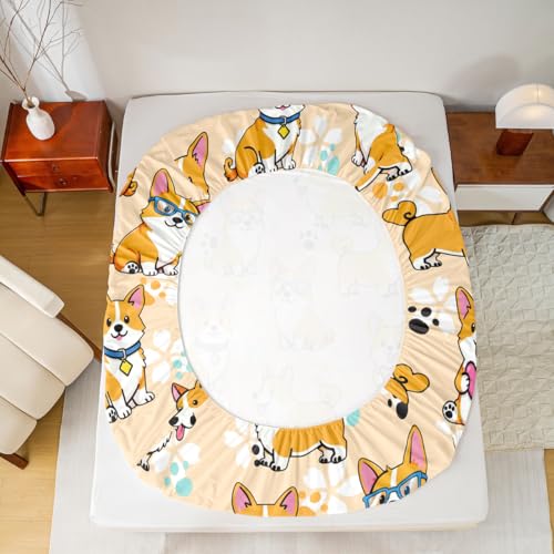 Homewish Wws9405 Full Corgi Sheet Set - Kids Cartoon Dog Paw Bedding, 4pcs