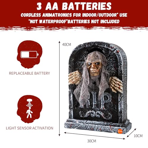 Animatronic Halloween Tombstone with Moving Skeleton, LED Eyes & Sound