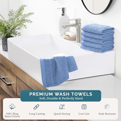 100% Cotton Washcloths 6-Pack - Soft Terry Face & Body Towels, Cerulean Blue