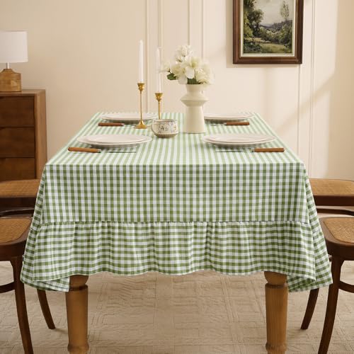 Gingham Ruffled Rectangle Tablecloth 60 x 84 Inch, Sage Green Waterproof