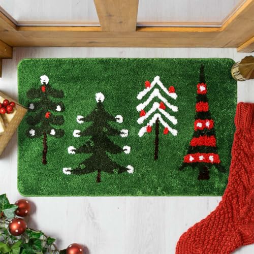 Christmas Bathroom Rug - Non-Slip Green Christmas Tree Bath Mat, Absorbent & Washable, 20x31 inches