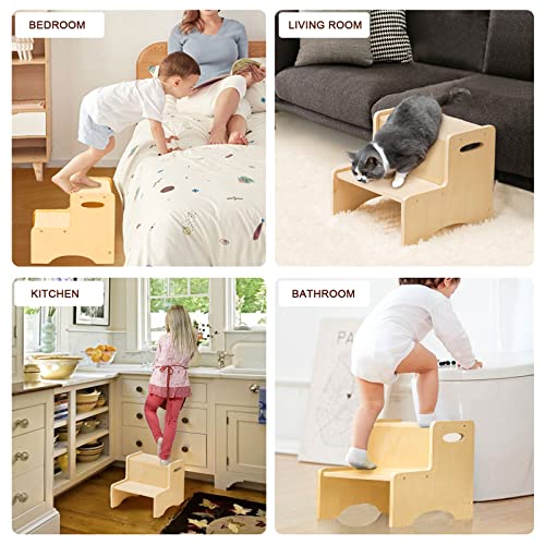 Beige Wooden Toddler Step Stool with Handles - Non-Slip Two Step Kids Stool for Bathroom & Kitchen