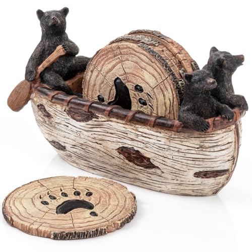 Rustic Bear Coaster Set - 6 Handcrafted Resin Coasters in Canoe Holder