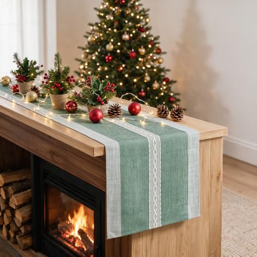 Artoid Mode 13" x 108" Green Braided Rustic Chenille Table Runner – Christmas Embroidered Home Kitchen Decor