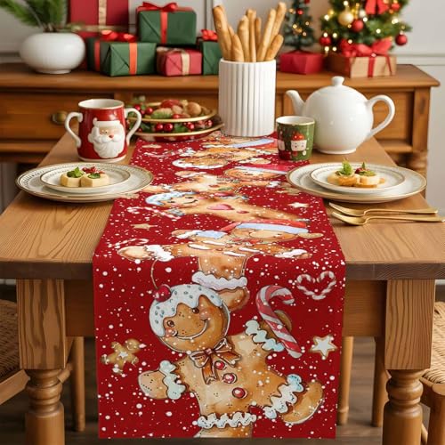 Christmas Gingerbread Man Table Runner 13x36 Inch Holiday Decor for Dining & Party
