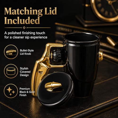 Qianlotushan Gun Gold Revolver Mug with Lid & Spin Wheel Handle, 16 oz Novelty Ceramic Coffee Cup for Men & Dad