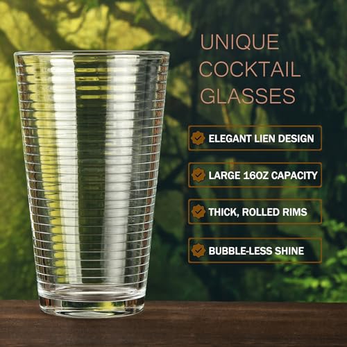 ALINK Ribbed 16oz Highball Glasses Set of 6 - Modern Drinkware for Cocktails & More