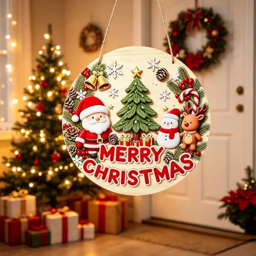 RHUISHU Round Christmas Wooden Welcome Door Sign Holiday Decor for Front Porch