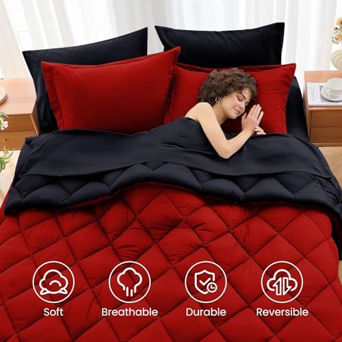 7-Piece Reversible Queen Comforter Set - All Season Bed in a Bag, Red & Black