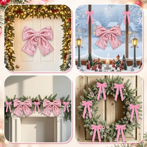 Pink Velvet Christmas Tree Bow Set with Sequin Topper - Holiday Decor