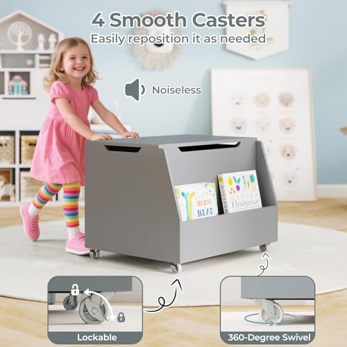 Wooden Kids Toy Storage Chest with Wheels and Soft-Close Lid, Gray