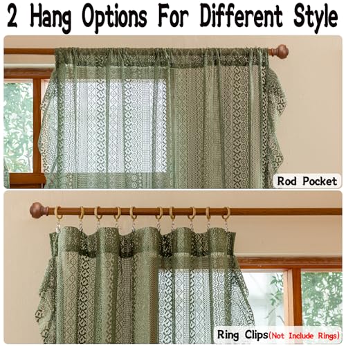 Sutuo Home Boho Lace Curtains 2 Panels 50x96 Olive Green - Vintage French Country Sheer Rod Pocket