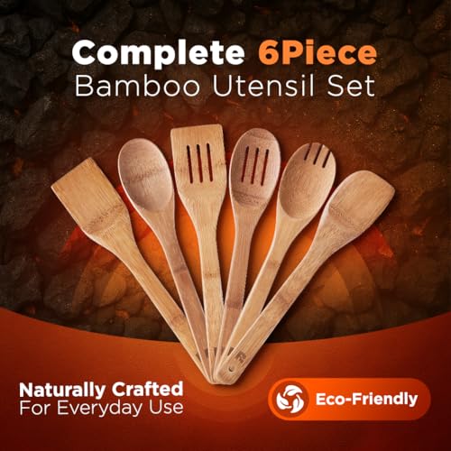 Dark Bamboo Wooden Cooking Spoons & Spatula Set, 6-Piece Nonstick Utensil Set