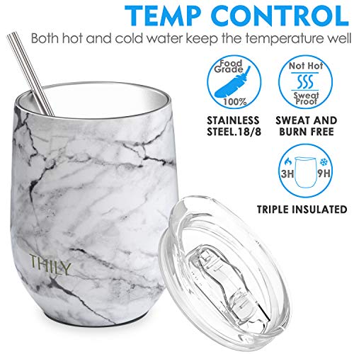 THILY 12oz Stainless Steel Stemless Wine Tumblers 4 Pack White Marble — Vacuum Insulated, Sliding Lids & Straws