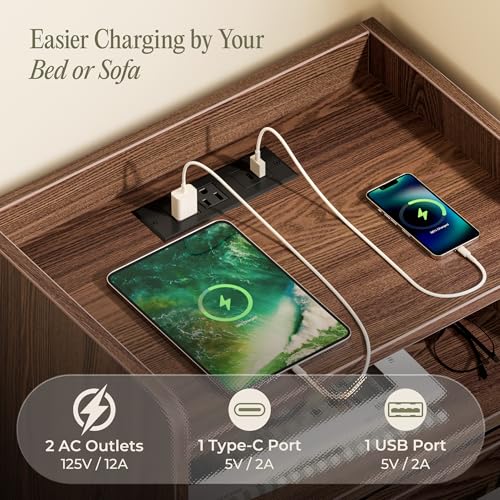 Set of 2 Nightstands with Charging Station, Fluted Drawer & USB-C Port