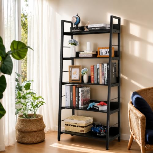 5-Tier Rustic Industrial Ladder Bookshelf, Wooden Storage Display Shelf