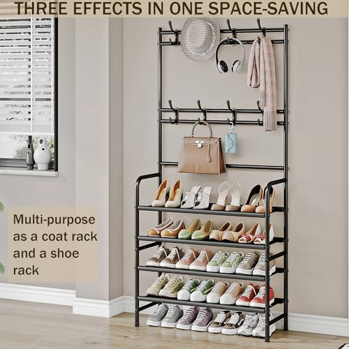4-Tier Metal Hall Tree with Shoe Rack and Coat Hooks, Freestanding Organizer