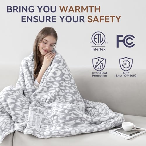 Leopard Print Electric Heated Throw Blanket, 50"x60" with 9 Heat Settings