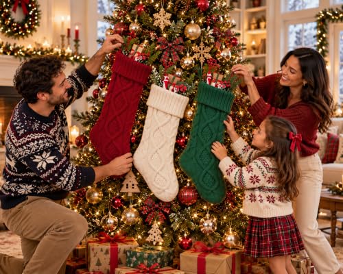 Fesciory 3 Pack 18in Cable Knit Christmas Stockings - Burgundy Ivory Green Set