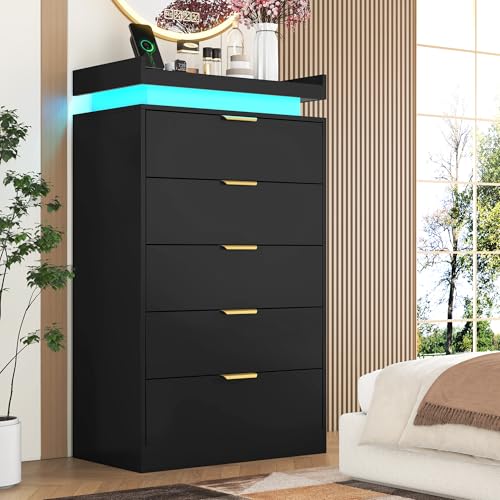 5-Drawer Tall Dresser with LED Lights, Power Outlet & USB Charging Station