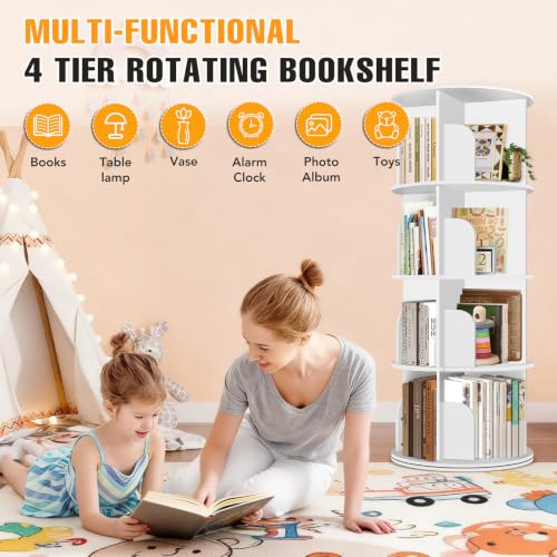 4-Tier Rotating Bookshelf Tower, 360° Spinning Bookcase Storage Organizer