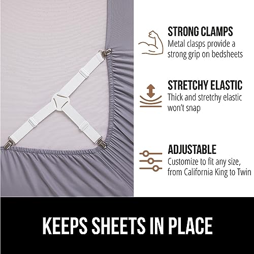 Gorilla Grip Bed Sheet Holders, Adjustable Elastic Straps with Metal Clips, 4 Pack White