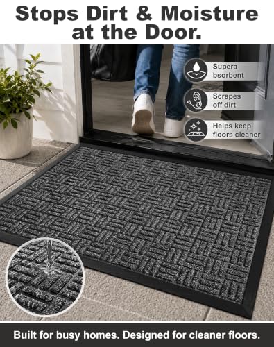 Heavy Duty Front Door Mat 29.5" x 17" - Non-Slip Dirt Trapper Doormat, Gray