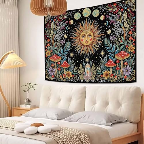 Boho Sun and Moon Wall Tapestry - Vintage Celestial Mushroom Wall Hanging