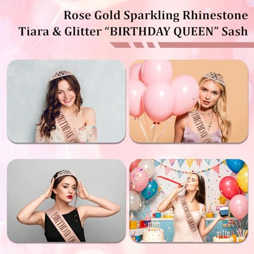 Rose Gold Rhinestone Tiara and Birthday Queen Sash Set